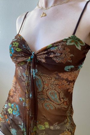 Vintage Ethnic Style Totem Mesh Camisole with Twisted Knot, Flowing Straps, and Low Neckline - Retro Fitted Waist Vest for Y2K Fashion