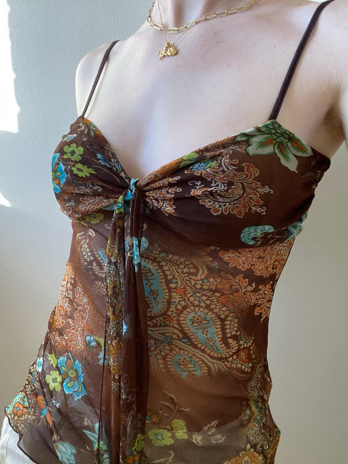 Vintage Ethnic Style Totem Mesh Camisole with Twisted Knot, Flowing Straps, and Low Neckline - Retro Fitted Waist Vest for Y2K Fashion Vintage Ethnic Style Totem Mesh Camisole with Twisted Knot, Flowing Straps, and Low Neckline - Retro Fitted Waist Vest for Y2K Fashion