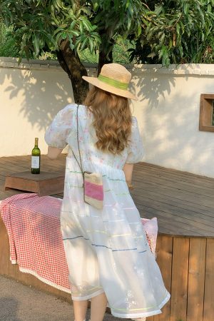 Vintage 'Finding Dream Island' French Puff Sleeve Dress - Women's Summer Organza Long Skirt, 90s Style, Boho Chic Fashion