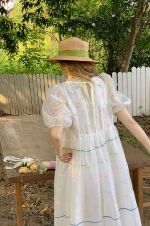 Vintage 'Finding Dream Island' French Puff Sleeve Dress - Women's Summer Organza Long Skirt, 90s Style, Boho Chic Fashion