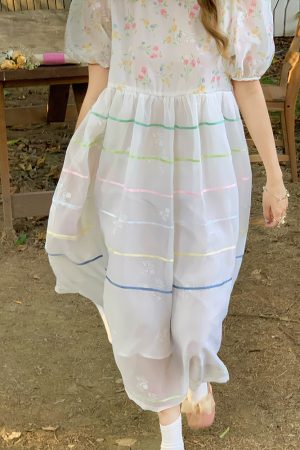 Vintage 'Finding Dream Island' French Puff Sleeve Dress - Women's Summer Organza Long Skirt, 90s Style, Boho Chic Fashion