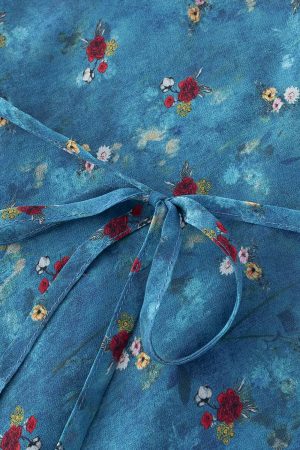 Vintage Floral Blue Dress for Women - Waist-Defined Summer Vacation Style - 2025 French Inspired Long Dress