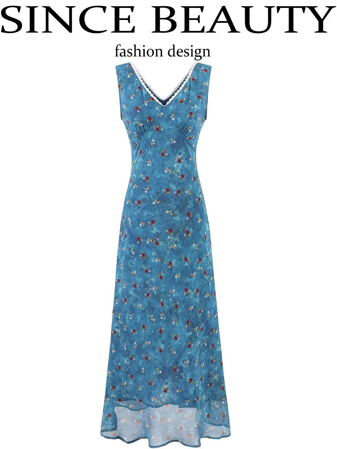 Vintage Floral Blue Dress for Women - Waist-Defined Summer Vacation Style - 2025 French Inspired Long Dress Vintage Floral Blue Dress for Women - Waist-Defined Summer Vacation Style - 2025 French Inspired Long Dress