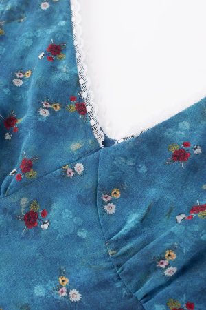 Vintage Floral Blue Dress for Women - Waist-Defined Summer Vacation Style - 2025 French Inspired Long Dress