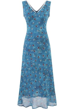 Vintage Floral Blue Dress for Women - Waist-Defined Summer Vacation Style - 2025 French Inspired Long Dress