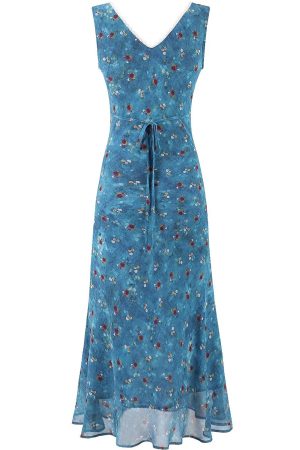 Vintage Floral Blue Dress for Women - Waist-Defined Summer Vacation Style - 2025 French Inspired Long Dress
