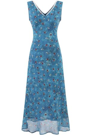 Vintage Floral Blue Dress for Women - Waist-Defined Summer Vacation Style - 2025 French Inspired Long Dress