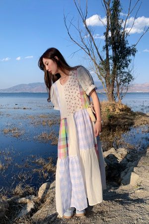 Vintage Floral Linen Short Sleeve Dress for Women - Retro Summer Vacation Tank Dress, Boho Chic Style