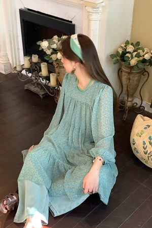 Vintage Floral Long Sleeve Dress for Women - Versailles Rose Chiffon Skirt, Spring Summer Vacation Style, Y2K Inspired Fashion
