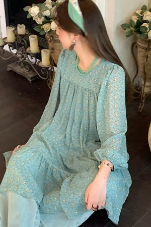 Vintage Floral Long Sleeve Dress for Women - Versailles Rose Chiffon Skirt, Spring Summer Vacation Style, Y2K Inspired Fashion