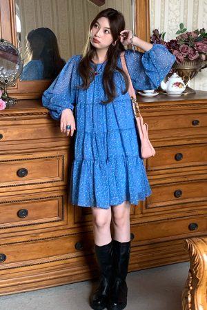 Vintage Floral Long Sleeve Dress for Women - Versailles Rose Chiffon Skirt, Spring Summer Vacation Style, Y2K Inspired Fashion