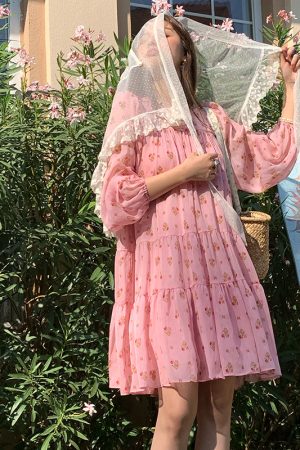 Vintage Floral Long Sleeve Dress for Women - Versailles Rose Chiffon Skirt, Spring Summer Vacation Style, Y2K Inspired Fashion