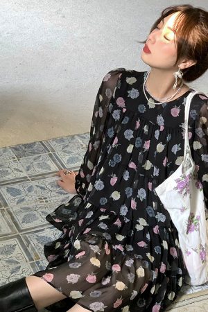 Vintage Floral Long Sleeve Dress for Women - Versailles Rose Chiffon Skirt, Spring Summer Vacation Style, Y2K Inspired Fashion