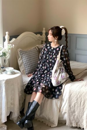 Vintage Floral Long Sleeve Dress for Women - Versailles Rose Chiffon Skirt, Spring Summer Vacation Style, Y2K Inspired Fashion