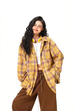 Vintage Floral Long Sleeve Shirt for Women - 2025 Autumn American Style - High-Quality Yellow Top, Perfect for Y2K and 90s Fashion