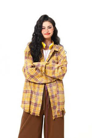 Vintage Floral Long Sleeve Shirt for Women - 2025 Autumn American Style - High-Quality Yellow Top, Perfect for Y2K and 90s Fashion