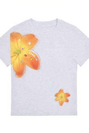 Vintage Floral Print Shoulder T-Shirt for Women, White Summer Short Sleeve Slim Fit Top, Sexy 90s Style