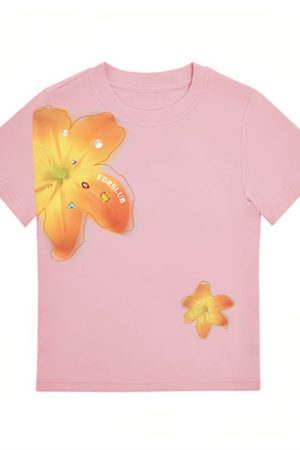 Vintage Floral Print Shoulder T-Shirt for Women, White Summer Short Sleeve Slim Fit Top, Sexy 90s Style