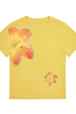 Vintage Floral Print Shoulder T-Shirt for Women, White Summer Short Sleeve Slim Fit Top, Sexy 90s Style