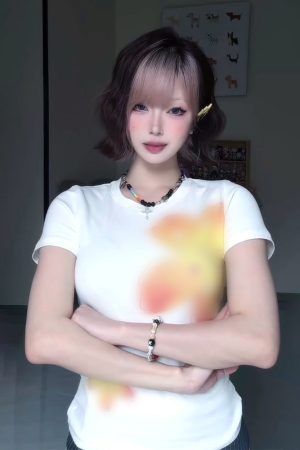 Vintage Floral Print Shoulder T-Shirt for Women, White Summer Short Sleeve Slim Fit Top, Sexy 90s Style