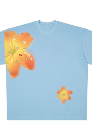 Vintage Floral Print Shoulder T-Shirt for Women, White Summer Short Sleeve Slim Fit Top, Sexy 90s Style