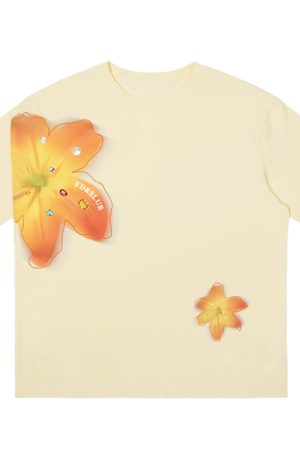 Vintage Floral Print Shoulder T-Shirt for Women, White Summer Short Sleeve Slim Fit Top, Sexy 90s Style