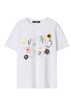 Vintage Floral Print Women's Shoulder T-Shirt, Slightly Loose Fit, Slimming Short Sleeves, Trendy Y2K Style Top for Women