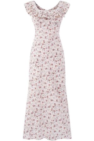 Vintage Floral Ruffle Tea Dress for Women - 2025 Summer Vacation Style, French Design, Perfect for 90s and Y2K Fashion Lovers