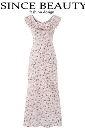 Vintage Floral Ruffle Tea Dress for Women - 2025 Summer Vacation Style, French Design, Perfect for 90s and Y2K Fashion Lovers