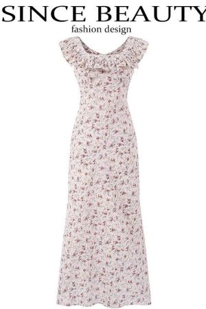 Vintage Floral Ruffle Tea Dress for Women - 2025 Summer Vacation Style, French Design, Perfect for 90s and Y2K Fashion Lovers