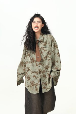 Vintage Floral Short Sleeve Shirt for Women - Retro American Style, Loose Fit, Trendy Summer Top, 90s Inspired Fashion