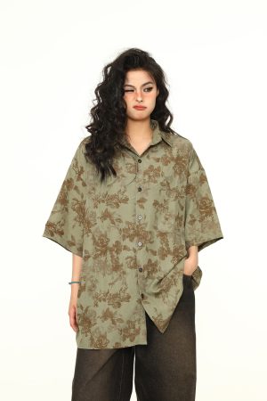 Vintage Floral Short Sleeve Shirt for Women - Retro American Style, Loose Fit, Trendy Summer Top, 90s Inspired Fashion