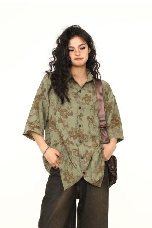 Vintage Floral Short Sleeve Shirt for Women - Retro American Style, Loose Fit, Trendy Summer Top, 90s Inspired Fashion