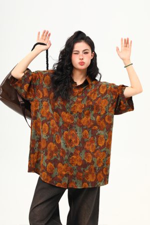 Vintage Floral Short Sleeve Shirt for Women - Retro Loose Fit Summer Top, Trendy Personality Style, 90s Inspired Fashion