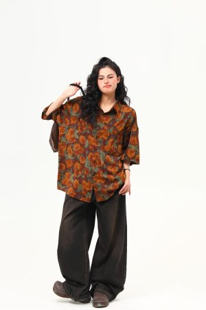 Vintage Floral Short Sleeve Shirt for Women - Retro Loose Fit Summer Top, Trendy Personality Style, 90s Inspired Fashion