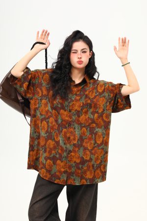 Vintage Floral Short Sleeve Shirt for Women - Retro Loose Fit Summer Top, Trendy Personality Style, 90s Inspired Fashion