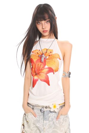 Vintage Floral Tie-Back Sleeveless Tank Top for Women - 90s Inspired Pure Desire Design