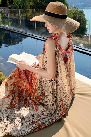 Vintage Floral Tie Dress - Loose Fit Women's Long Skirt for Thai Travel, Exotic Beach Vacation Style, Yunnan Inspired Fashion