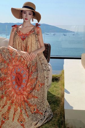 Vintage Floral Tie Dress - Loose Fit Women's Long Skirt for Thai Travel, Exotic Beach Vacation Style, Yunnan Inspired Fashion