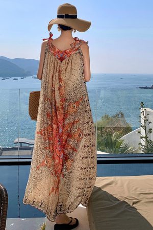 Vintage Floral Tie Dress - Loose Fit Women's Long Skirt for Thai Travel, Exotic Beach Vacation Style, Yunnan Inspired Fashion