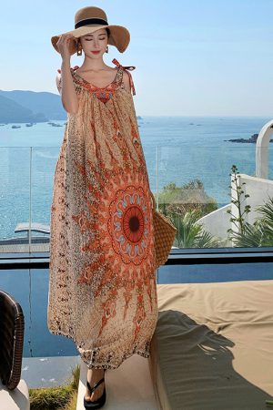 Vintage Floral Tie Dress - Loose Fit Women's Long Skirt for Thai Travel, Exotic Beach Vacation Style, Yunnan Inspired Fashion