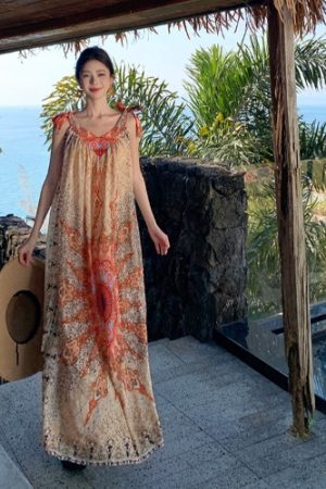 Vintage Floral Tie Dress - Loose Fit Women's Long Skirt for Thai Travel, Exotic Beach Vacation Style, Yunnan Inspired Fashion