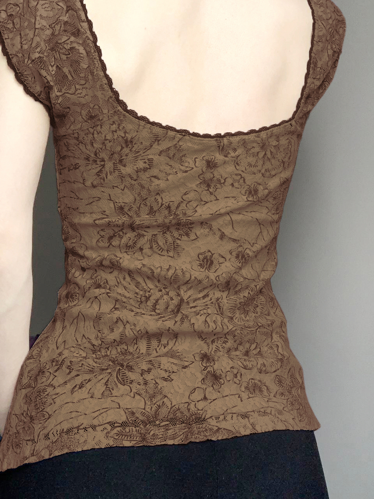 Vintage Floral Vest for Women - Retro Charm Backless Mesh Spaghetti Straps with Low Square Neck - Summer 90s Style Vintage Floral Vest for Women - Retro Charm Backless Mesh Spaghetti Straps with Low Square Neck - Summer 90s Style