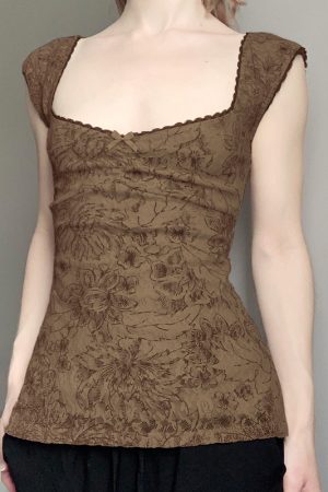 Vintage Floral Vest for Women - Retro Charm Backless Mesh Spaghetti Straps with Low Square Neck - Summer 90s Style