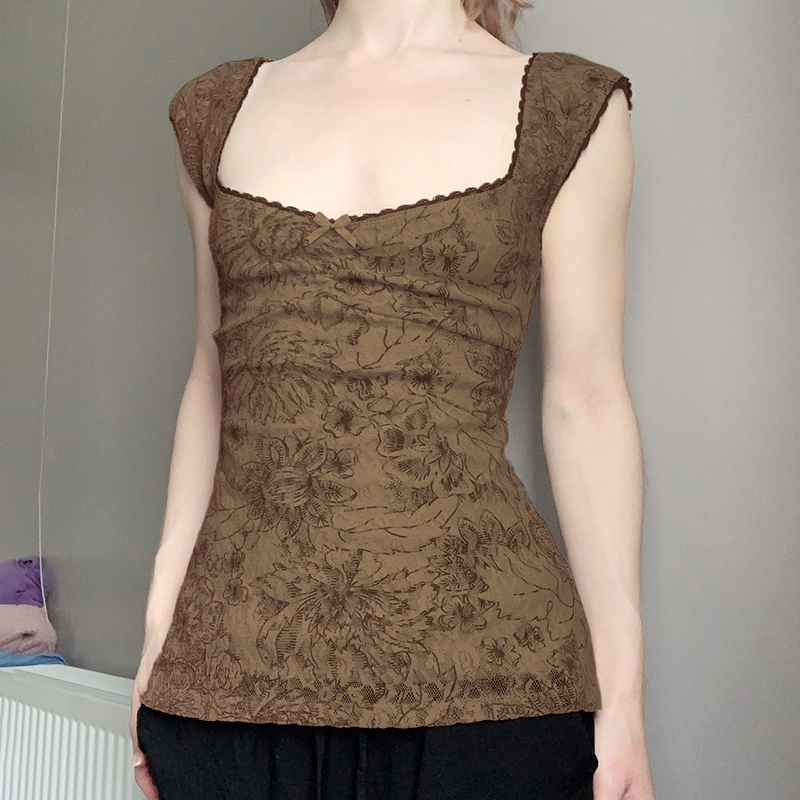 Vintage Floral Vest for Women - Retro Charm Backless Mesh Spaghetti Straps with Low Square Neck - Summer 90s Style Vintage Floral Vest for Women - Retro Charm Backless Mesh Spaghetti Straps with Low Square Neck - Summer 90s Style