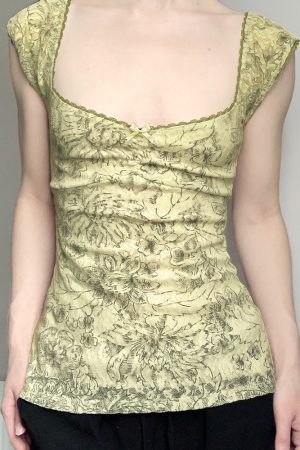 Vintage Floral Vest for Women - Retro Charm Backless Mesh Spaghetti Straps with Low Square Neck - Summer 90s Style