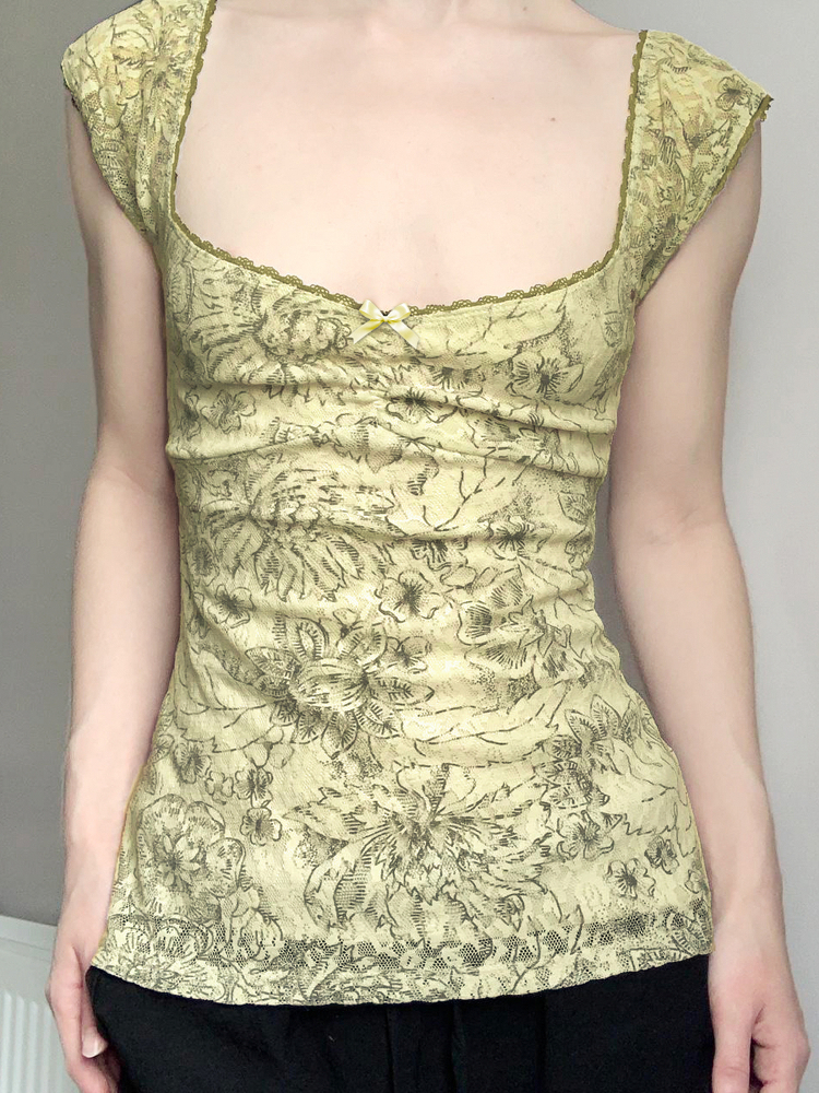 Vintage Floral Vest for Women - Retro Charm Backless Mesh Spaghetti Straps with Low Square Neck - Summer 90s Style Vintage Floral Vest for Women - Retro Charm Backless Mesh Spaghetti Straps with Low Square Neck - Summer 90s Style