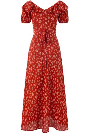 Vintage Floral Waist-Tied V-Neck Puff Sleeve Dress for Women - Long Skirt, 90s Inspired, French Style