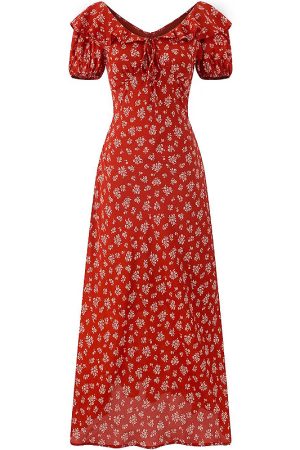 Vintage Floral Waist-Tied V-Neck Puff Sleeve Dress for Women - Long Skirt, 90s Inspired, French Style