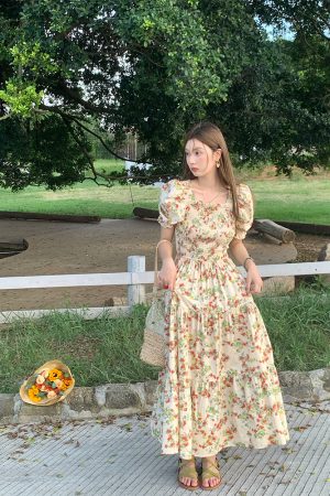 Vintage French Floral Square Neck Big Hem Dress for Women - Summer Loose Princess Sleeve Long Dress - 90s Y2K Style